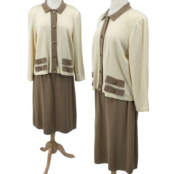 Vintage Mita 2 Piece Knit Cardigan & Skirt Set Matching Cream Tan Womens 18 - Picture 1 of 11